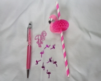 Pen, clip, flamingo straw, and confetti